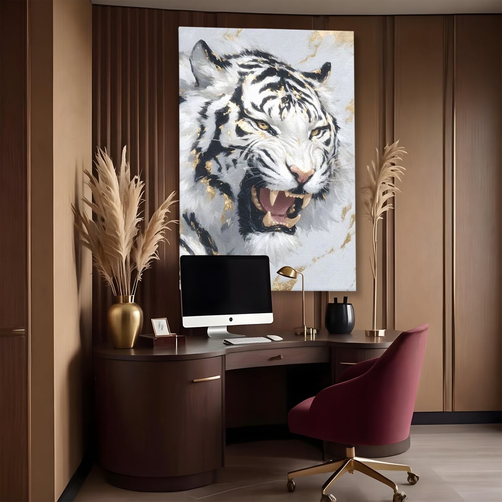 Tablou canvas cu tablou canvas cu tigru alb si auriu, fara rama, pe sasiu de lemn, pe perete intr-un birou